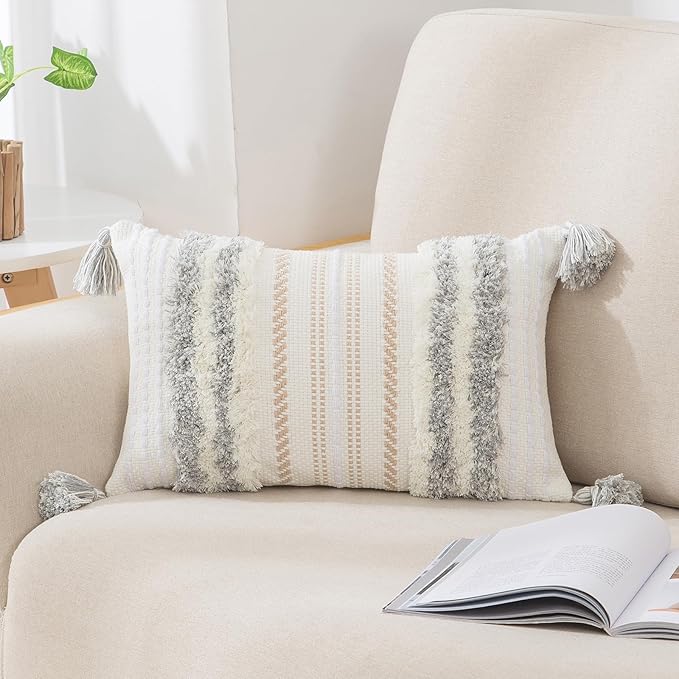 decorUhome Decorative Boho Throw Pillow Cover 12x20, Lumbar Accent Neutral by decorUhome