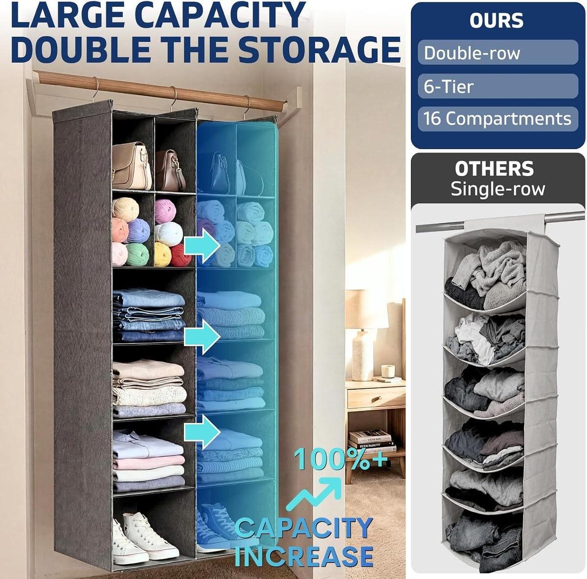 6 tier hanging closet organizer, 16 compartments dual, close-up detail