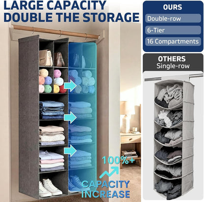 6 tier hanging closet organizer, 16 compartments dual, close-up detail