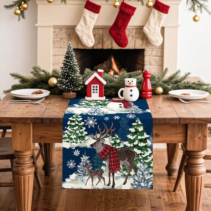 Artscope Reindeer Snowman Christmas Tree Table Runner, Xmas Winter Snowflakes - Image 2