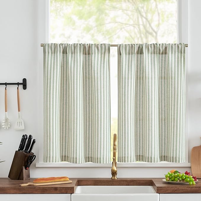 jinchan Striped Linen Kitchen Curtains 30 Inches Length Tier Curtains Farmhouse by JINCHAN