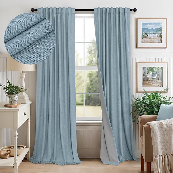 Slate Blue Curtains 108 Inches Long 2 Panel Burg 100% Blackout Boho Linen by Pitalk