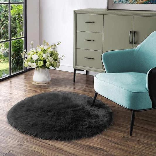 Latepis Black Round Rug 4 ft, Faux Fur Sheepskin Circle Rug by Latepis