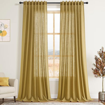 Nanspring Linen Curtains Semi Sheer Gold 96 Inches Long 2 Panels Set by Nanspring