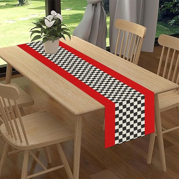 Race Car Table Runner, Kids Themed Race Track Black and White Checked Table - Image 2