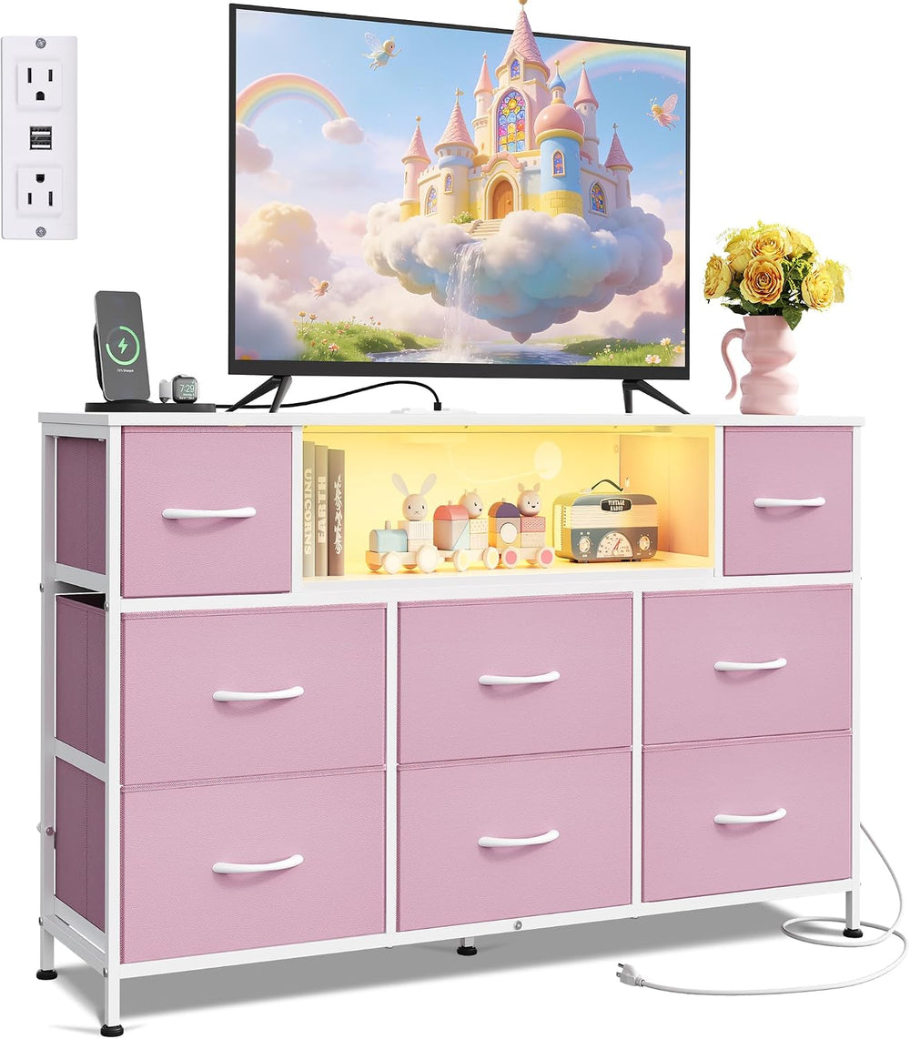 WLIVE LED Dresser TV Stand for 55 Inch TV, 8 Fabric Drawers, Pink Dresser