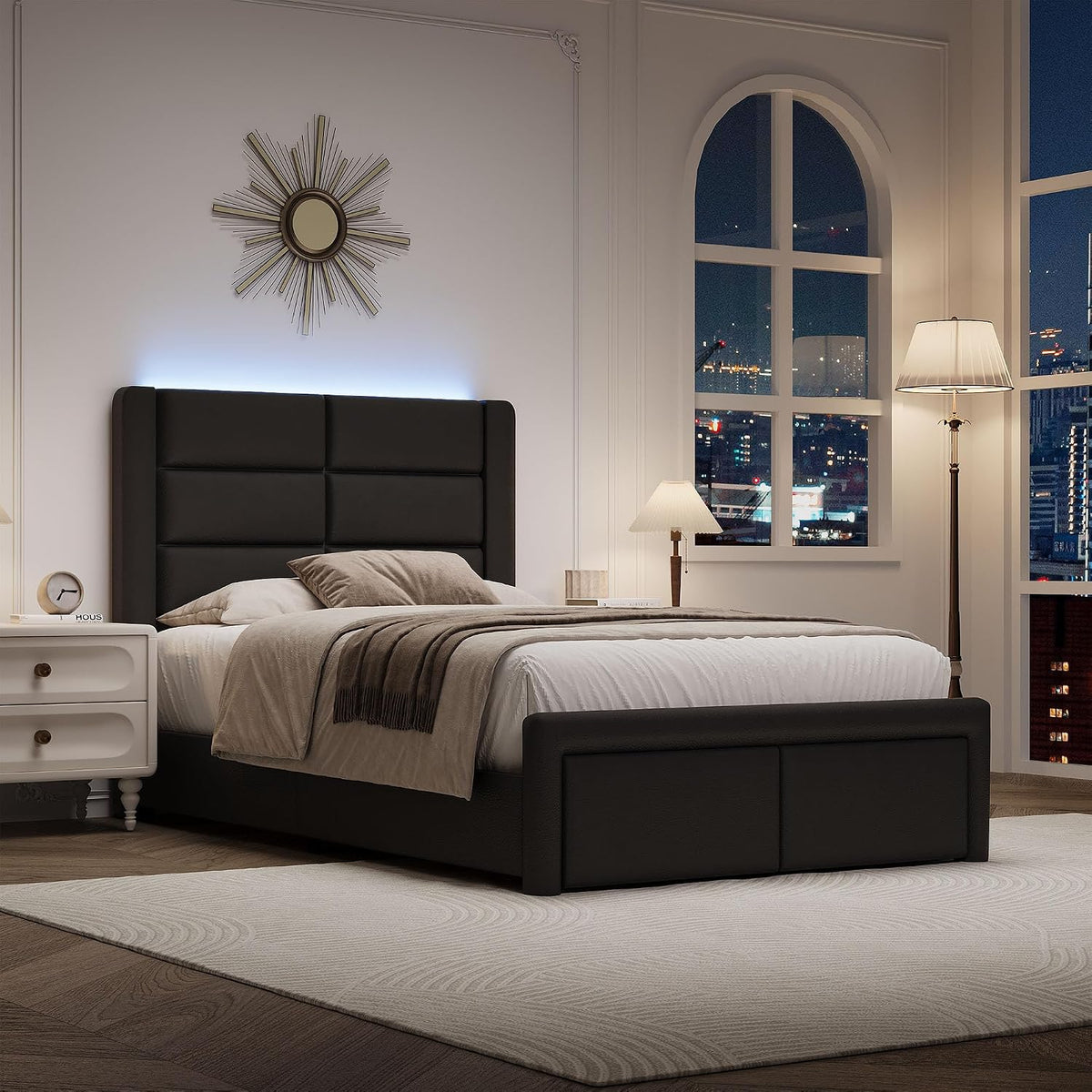 twin bed frame with headboard and led lights, main product view