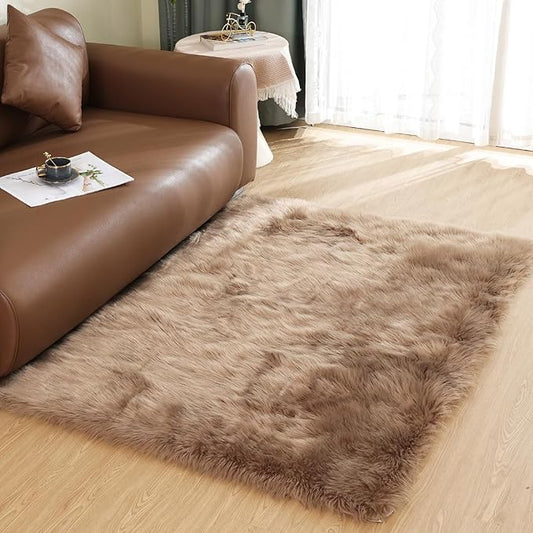 Latepis Washable Faux Fur 3x5 Area Rug Camel Beige Fluffy Shag Furry Sheepskin by Latepis