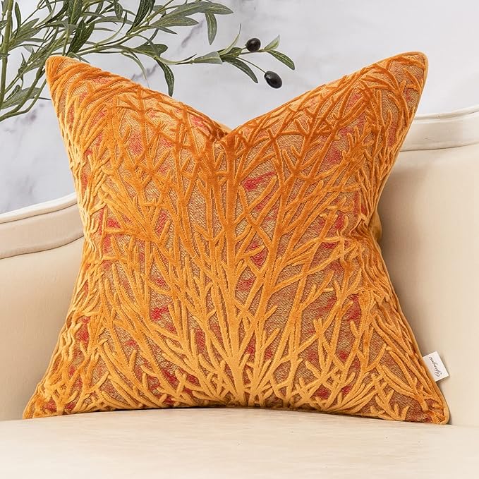 Yangest Orange Yellow Twigs Throw Pillow Cover Branches Velvet Cushion Case by Yangest