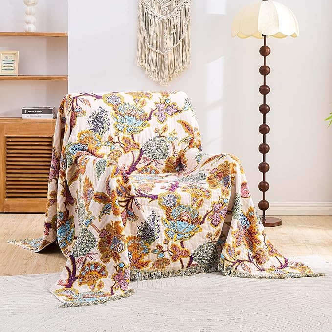 Boho Throw Blanket for Bed, 100% Cotton Soft Rustic Quilt Fall Blanket - Image 2