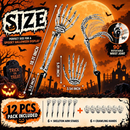 12 Pack Halloween Decorations Outdoor Skeleton Hands and Arms Yard Stakes, Realistic Graveyard Decor with Adjustable Joints, Spooky Cemetery Crawling Zombie Hands for Lawn Garden (6 Arms, 6 Hands)