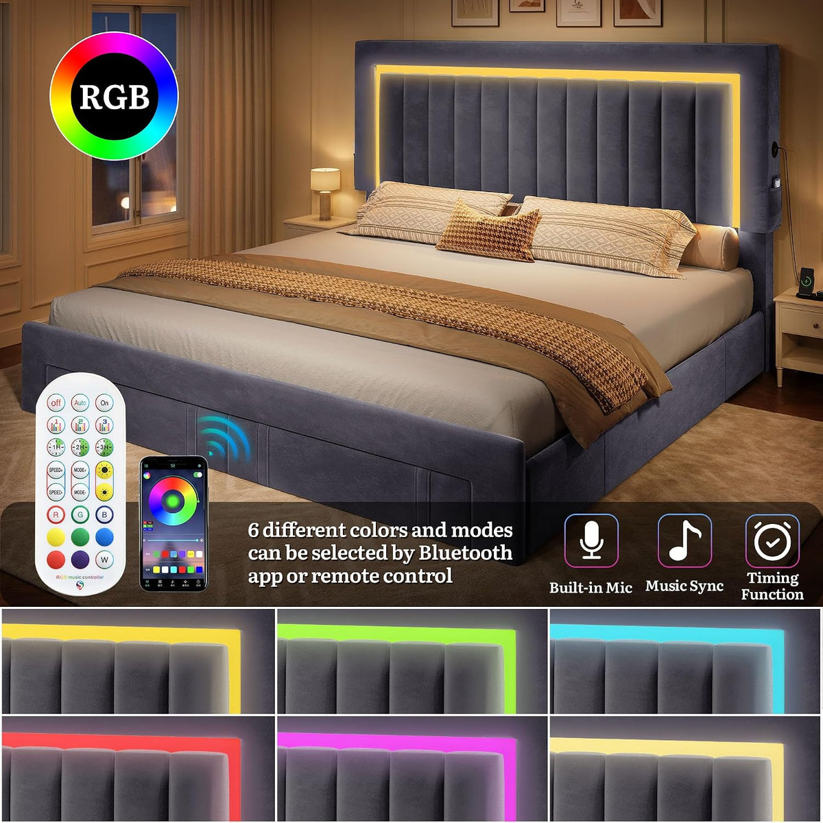 yitahome queen size bed frame with rgb led, close-up detail