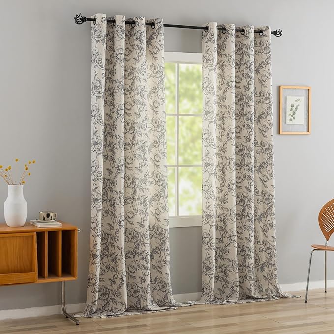 Floral Linen Blend Curtains for Living Room 96 Inches Long Flower Printed - Image 3