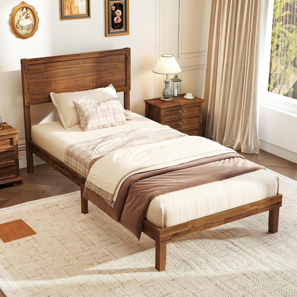 GIANTEX Wood Twin Bed Frames with Headboard, Mid Century Modern Platform Bed ...
