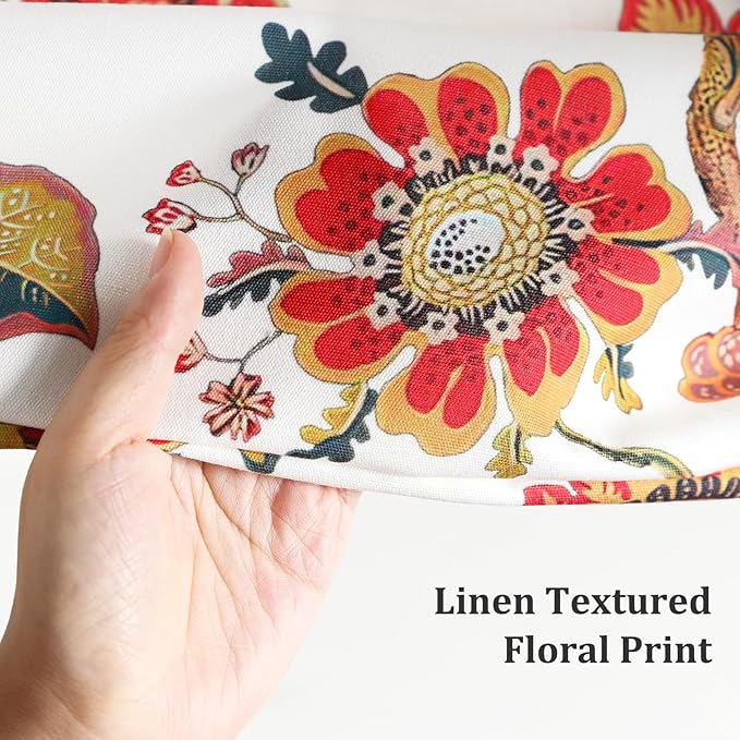 Leeva Red Vintage Floral Pleated Valance, Linen Textured Rod Pocket Curtain - Image 6