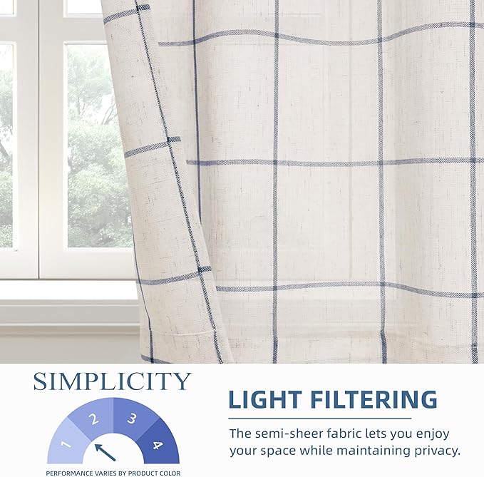 DriftAway Kitchen Curtains Striped Tier Linen Short Curtains Windowpane Plaid - Image 3