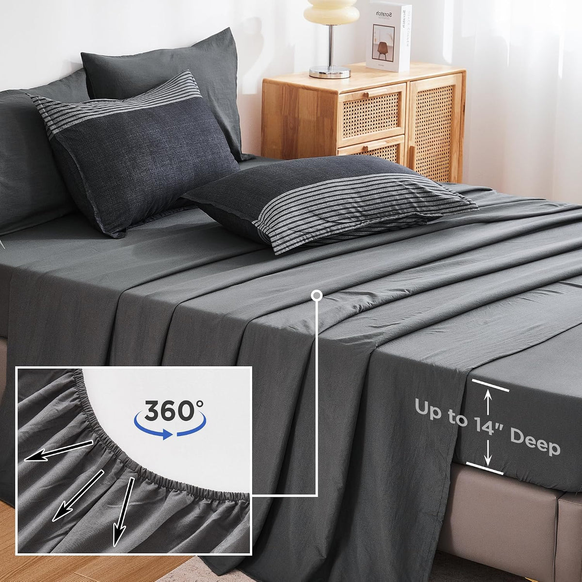 andency full size comforter set, black white grey, front angle view
