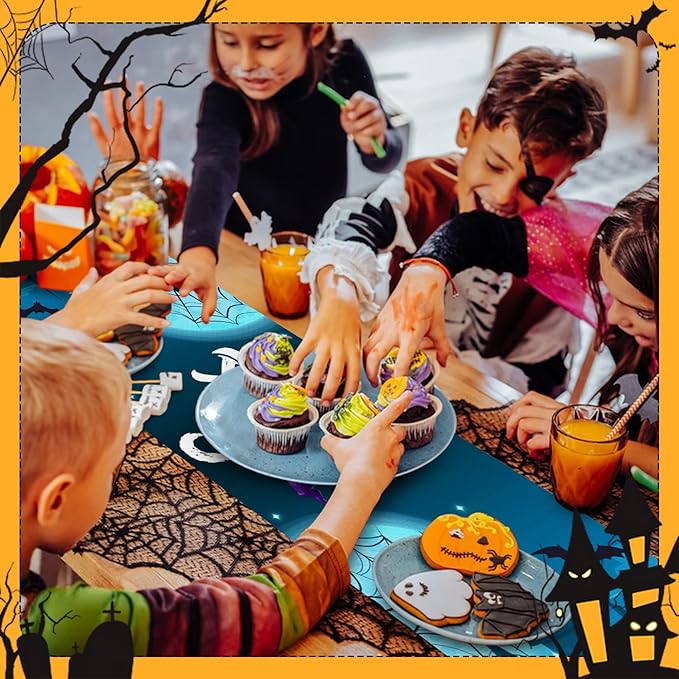Happy Halloween Table Runner Blue Haunted House Ghost Witch Spider Web Bats - Image 3