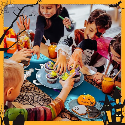 Happy Halloween Table Runner Blue Haunted House Ghost Witch Spider Web Bats - Image 3