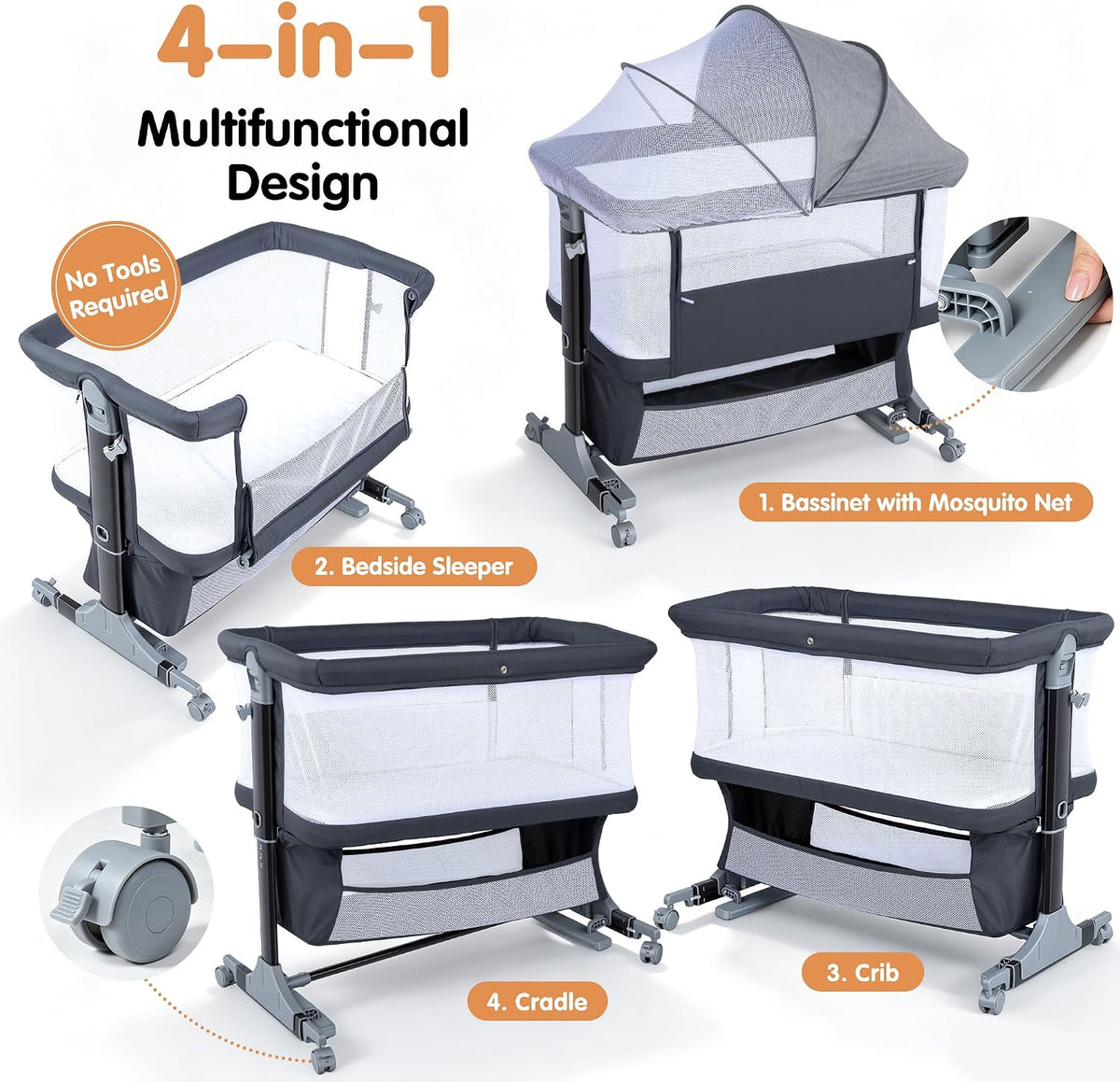 4 in 1 bassinet bedside sleeper with rocking, close-up detail