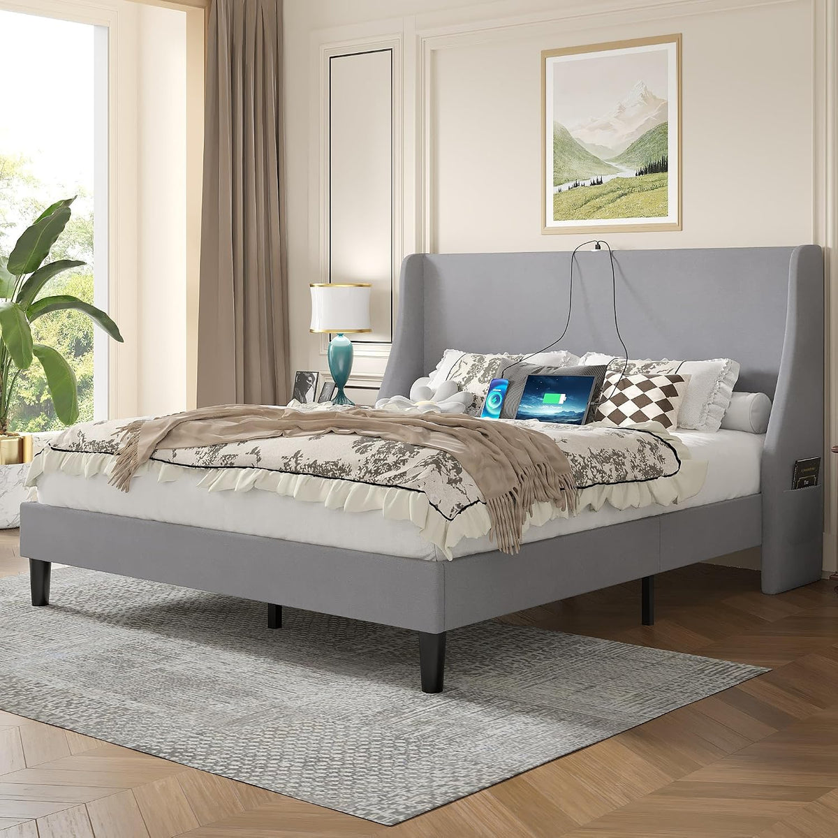 vecelo queen bed frame with upholstered wingback headboard, front angle view
