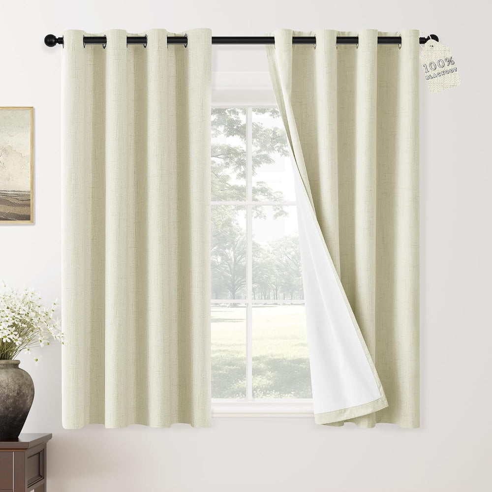 ChrisDowa Linen Curtains 100% Blackout Living Room Drapes 63 Inch Length