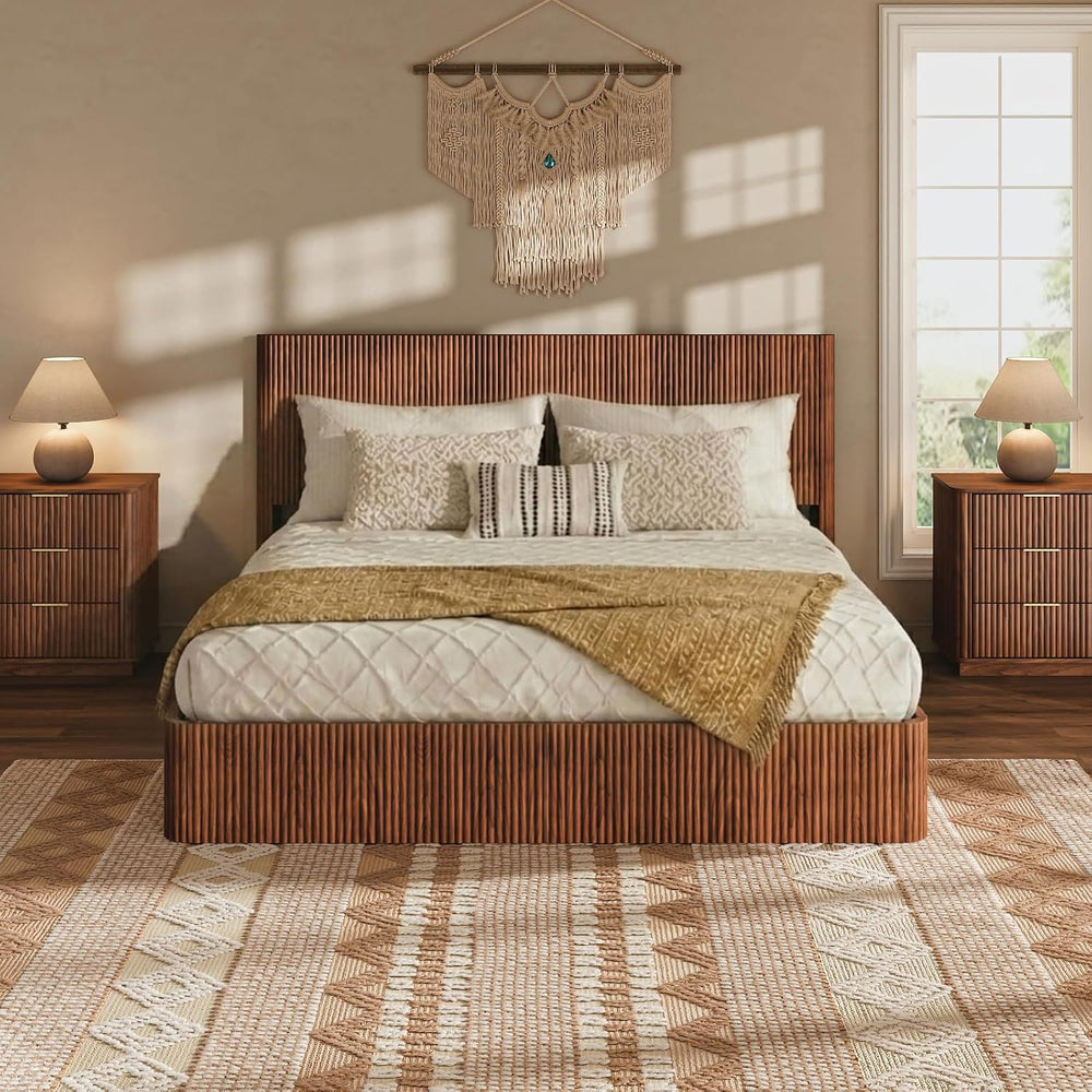 VMU Fluted Queen Size Platform Bed Frame with Lift up Storage