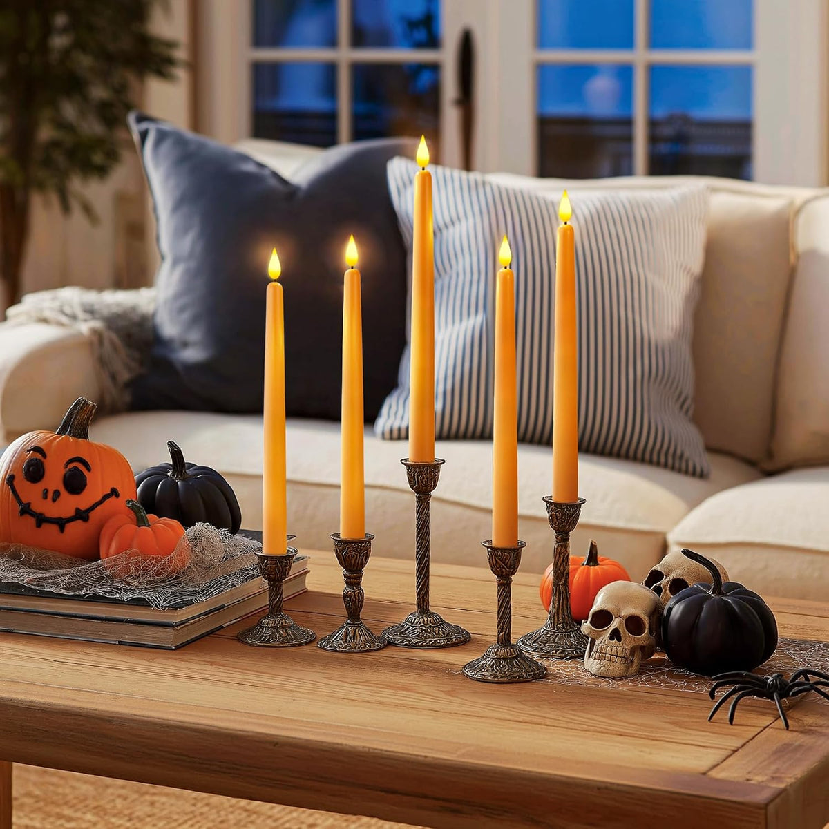 Homemory 12 Pcs Flameless Taper Candles with Remote Timer Dimmer, 11 inches Orange Taper Candles Battery Operated, Plastic LED Candlesticks with Flickering Flame for Halloween Decoration