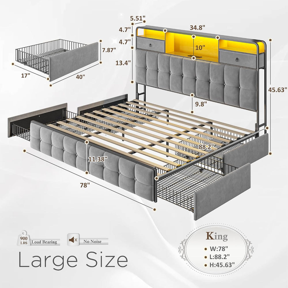 EnHomee King Bed Frame with 6 Drawers and Velvet Storage Headboard,Grey