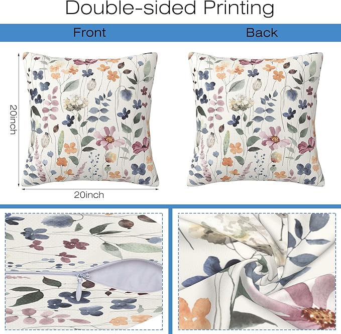 Throw Pillow Cover Case Watercolor Floral Pillow Covers 20x20 Inch Set of 2 - Image 2