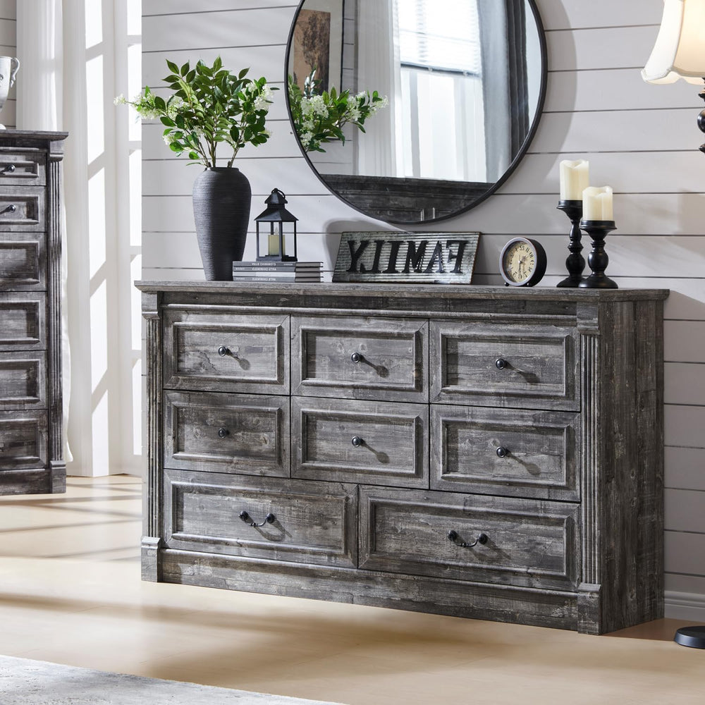 Aitjunz Farmhouse 61" Wide 8 Drawers Dresser for Bedroom, Light Grey
