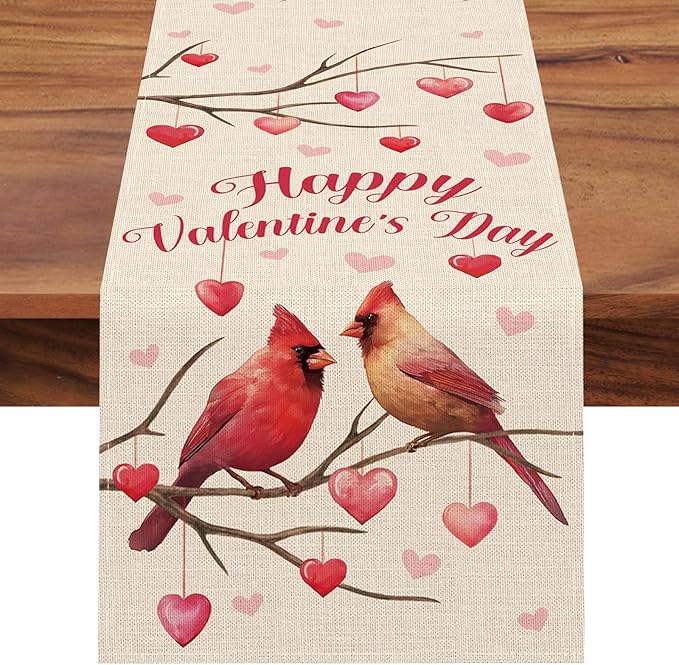Happy Valentines Day Cardinal Dining Table Runner, Anniversary Wedding Indoor by Croar