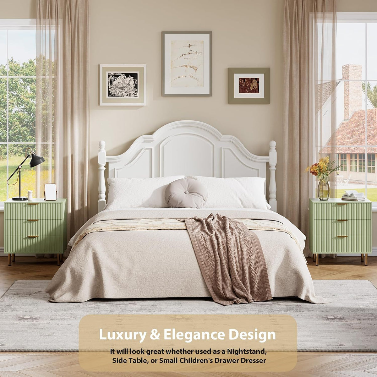 garveehome fluted green 3 drawer dresser for bedroom, front angle view