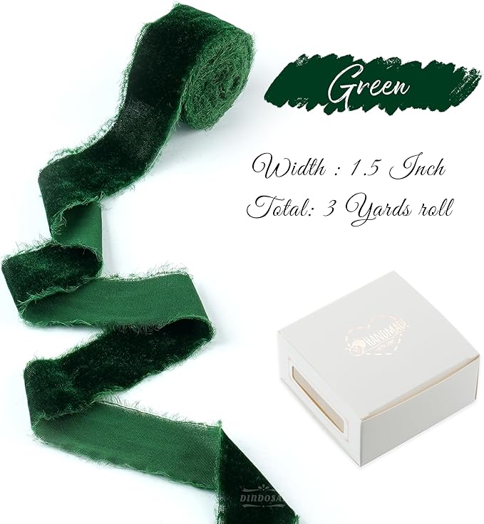 Dark Green Velvet Ribbon for Christmas Tree Decorations Frayed Silk Velvet - Image 2
