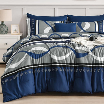 anibedding king size comforter set,navy blue boho bed on a desk or shelf
