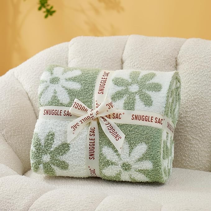 Snuggle Sac Checkered Blanket, Sage Green Flower Throw Blanket - Image 2