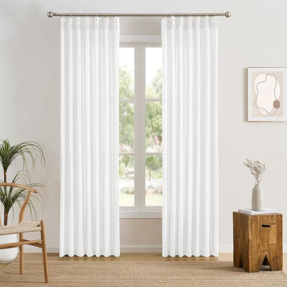 White Linen Pinch Pleated Semi Sheer Curtains 2 Panels 45 Inches Long, Back Tab - Image 2