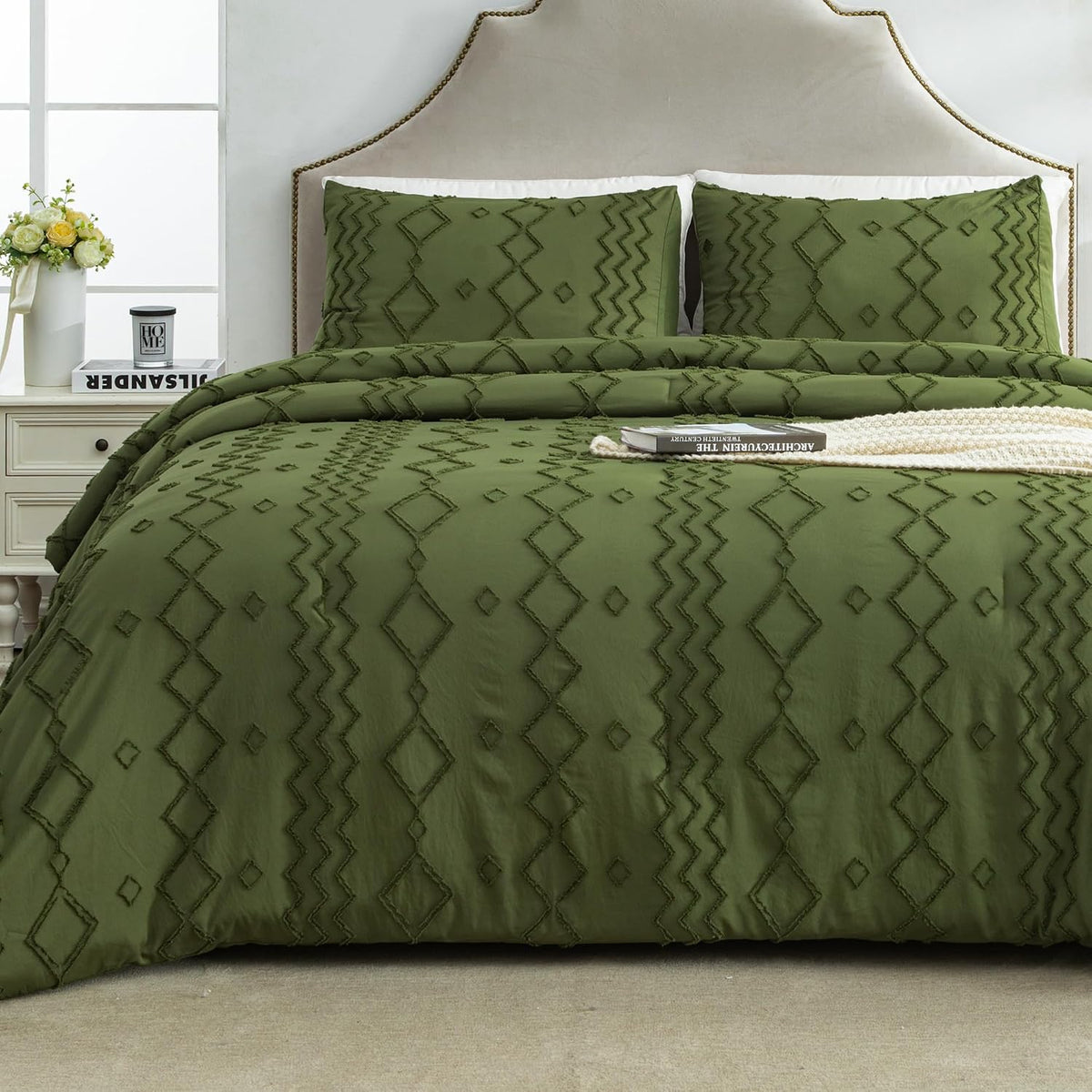 andency king size comforter set olive green, 3 shown in use