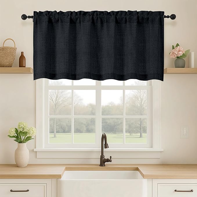 OVZME Black Valance for Windows, Light Filtering Faux Linen Textured Small by OVZME