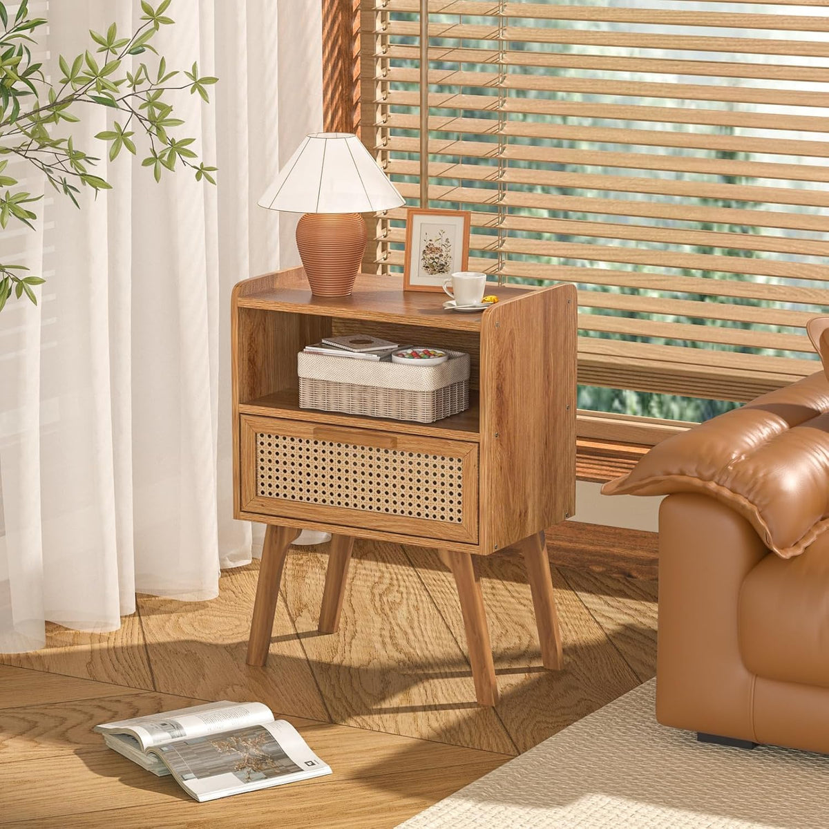lerliuo rattan nightstand, side table with drawer open showing dimensions