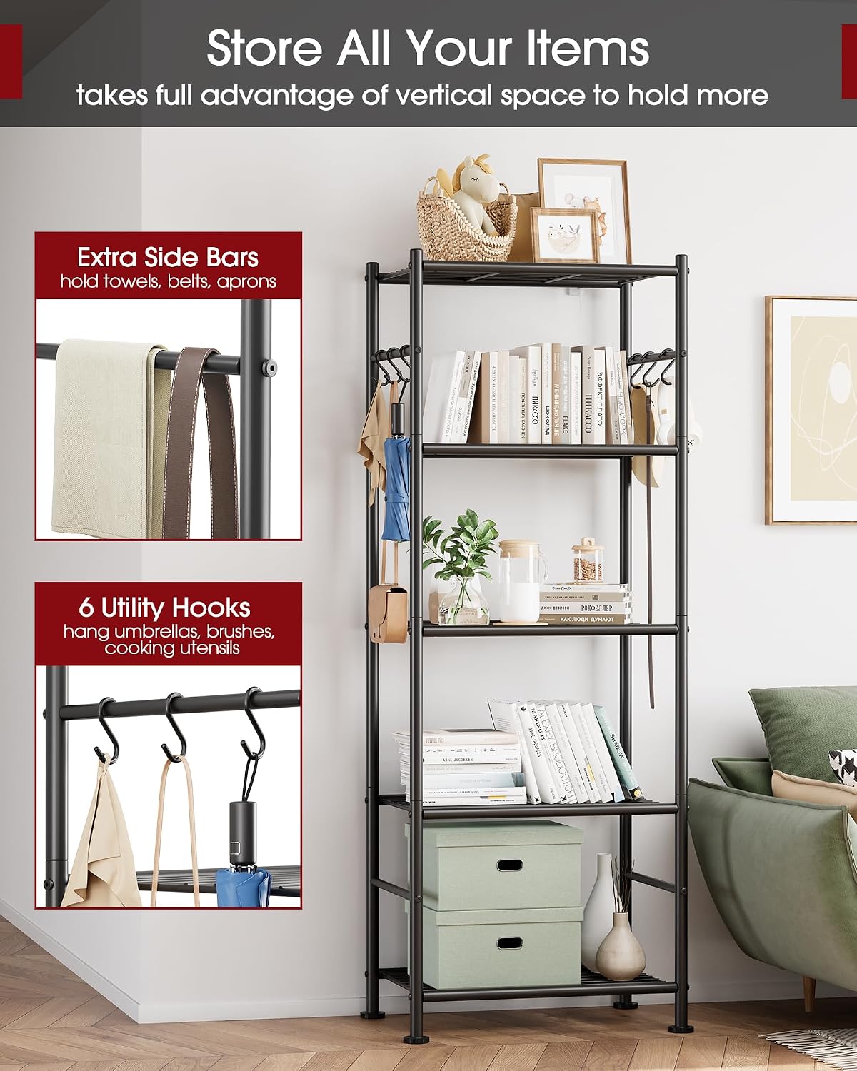 sakugi 5-tier storage rack organizer with hooks, heavy showing dimensions