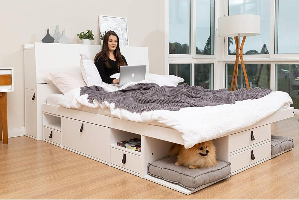 memomad Bali Chest Set: Bed + Storage Headboard, Queen Size, Matte White