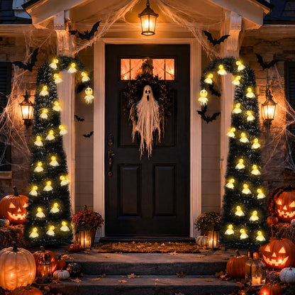 6FT Black Halloween Pop Up Christmas Tree with Ghost String Lights