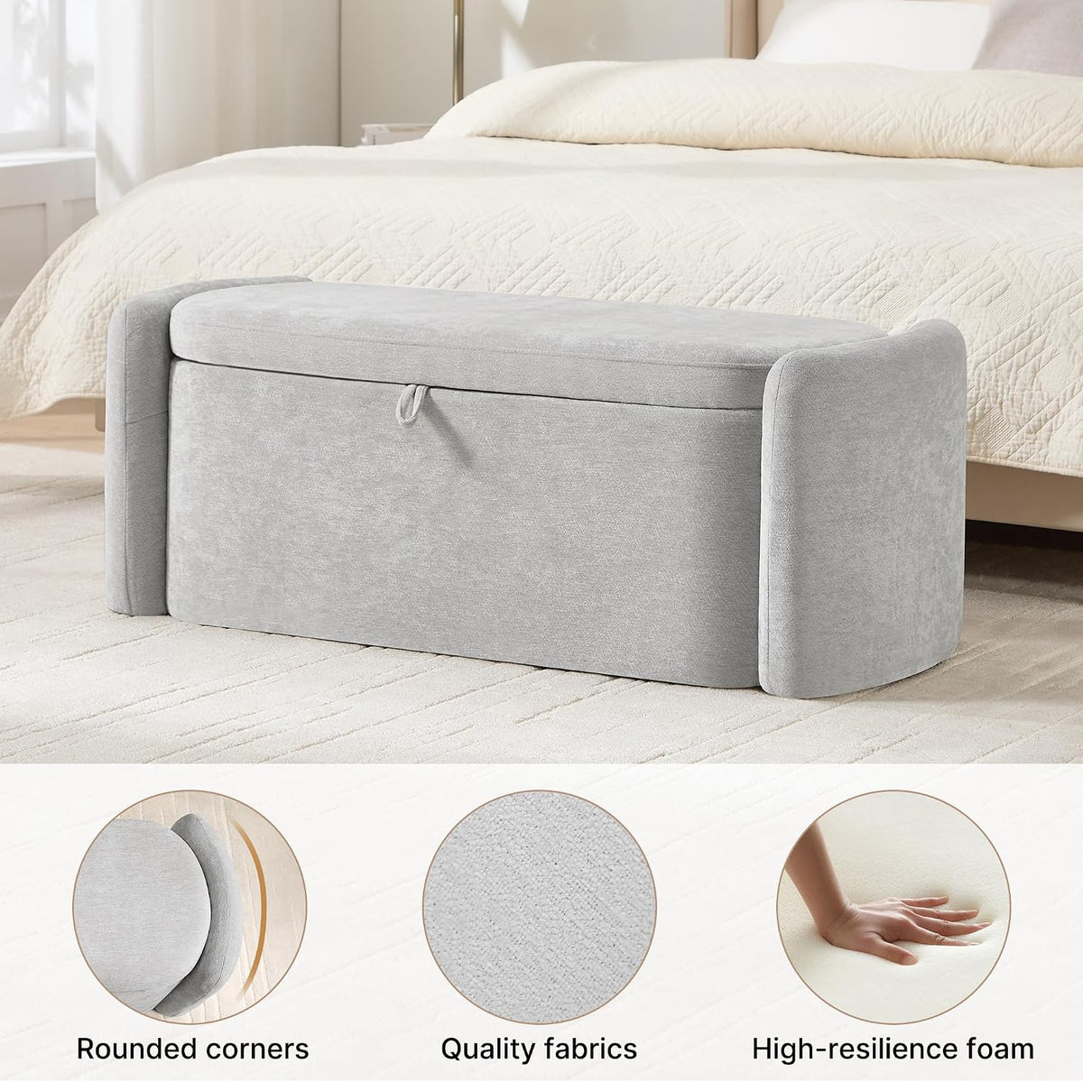 oval ottoman bench with 20 gal of storage, close-up detail