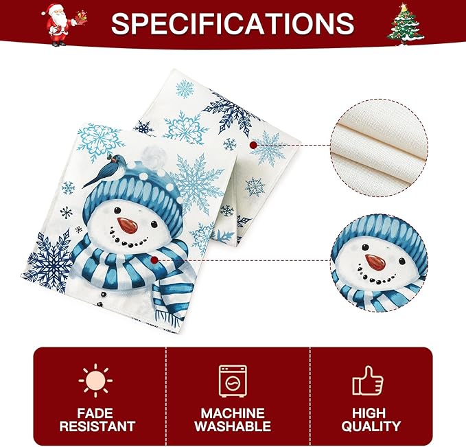 OTOSTAR Snowflakes and Blue Snowman Christmas Table Runner, Xmas Seasonal - Image 6