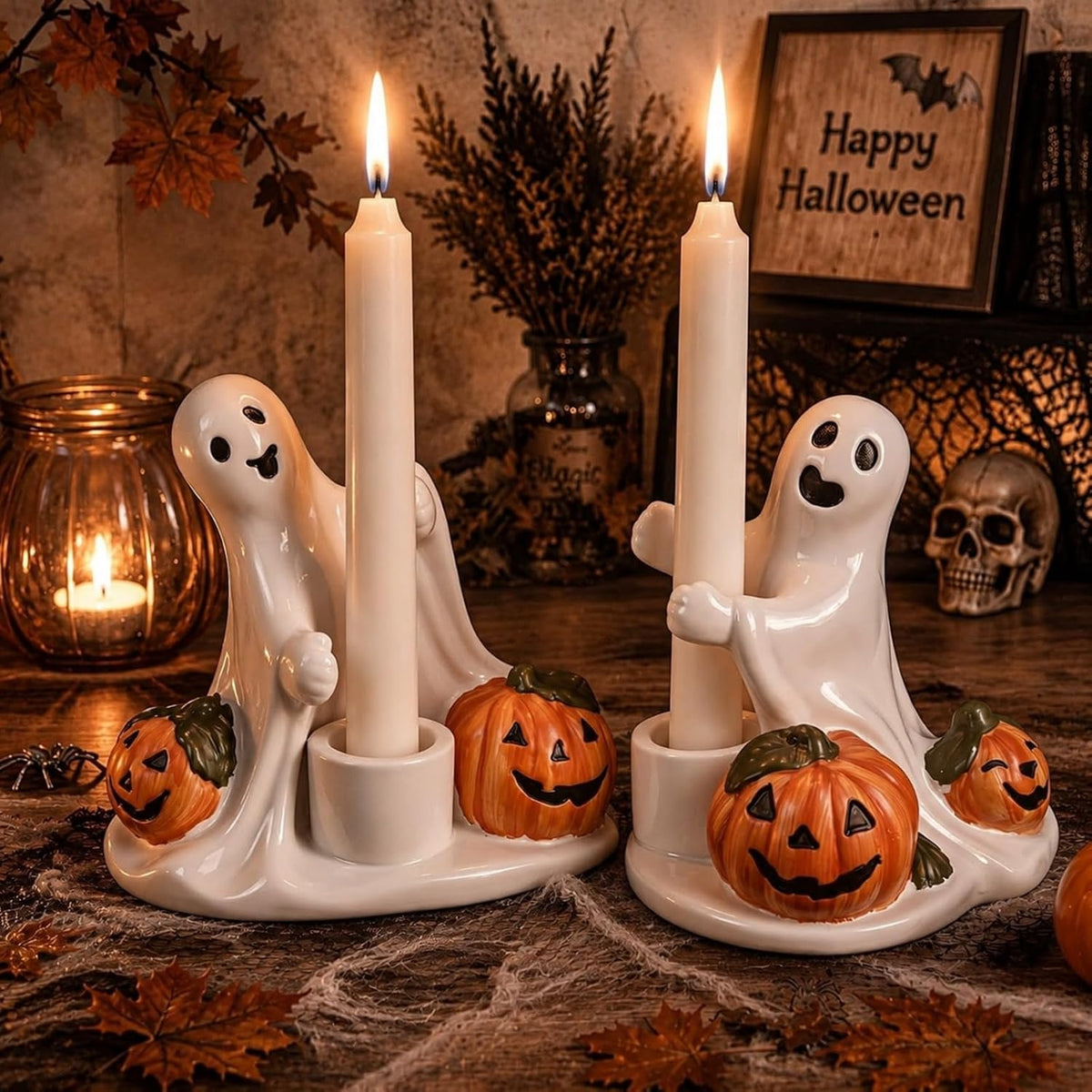 Vesici 2 Pcs Halloween Pumpkin and Ghost Candle Holder for Centerpieces