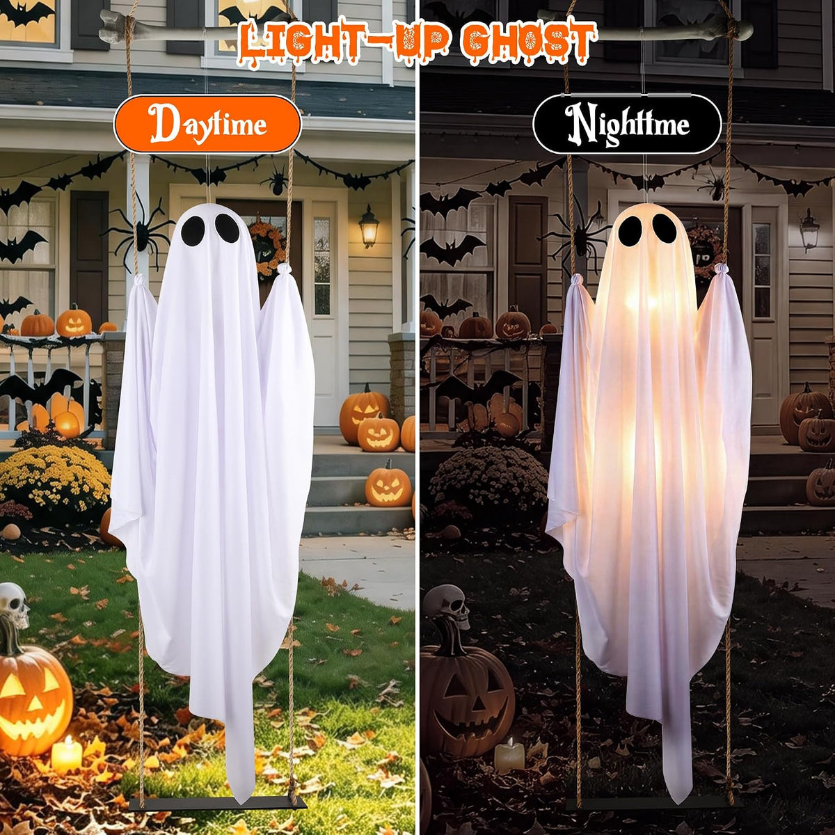 Halloween Decorations Outdoor Indoor, 5 FT Large Pre-Assembled Swinging Ghost, Halloween Hanging Spooky Swing Ghost Decor for Outside Porch Yard Tree Garden Lawn