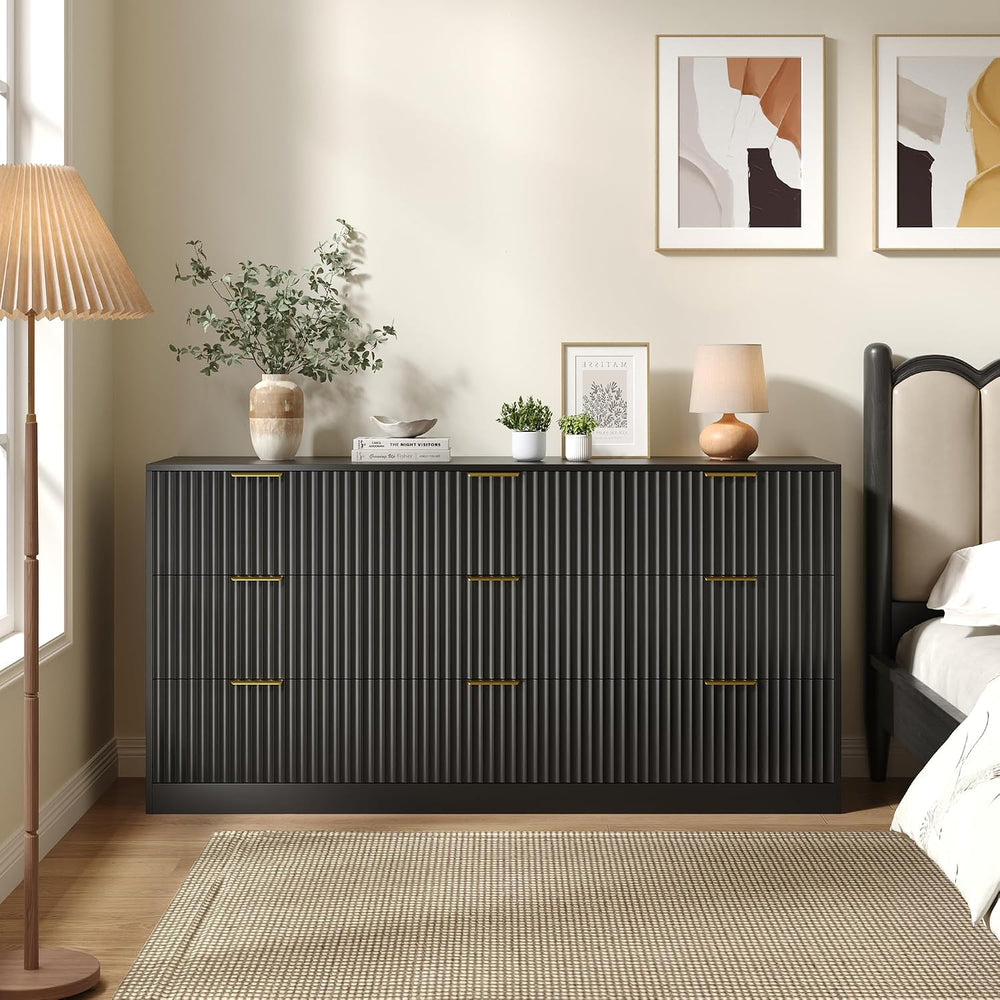 Black 9 Drawer Dresser for Bedroom, 63" Wide Modern Fluted Chest of Draw...