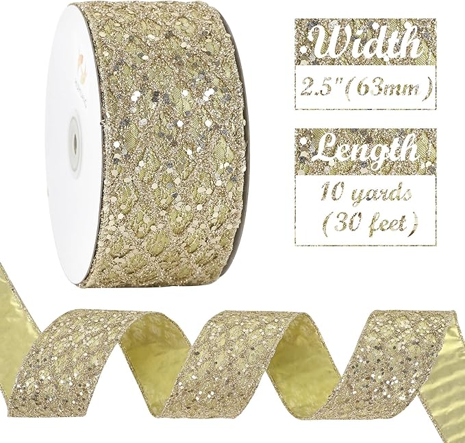 HUIHUANG Champagne Glitter Wired Ribbon - Image 5