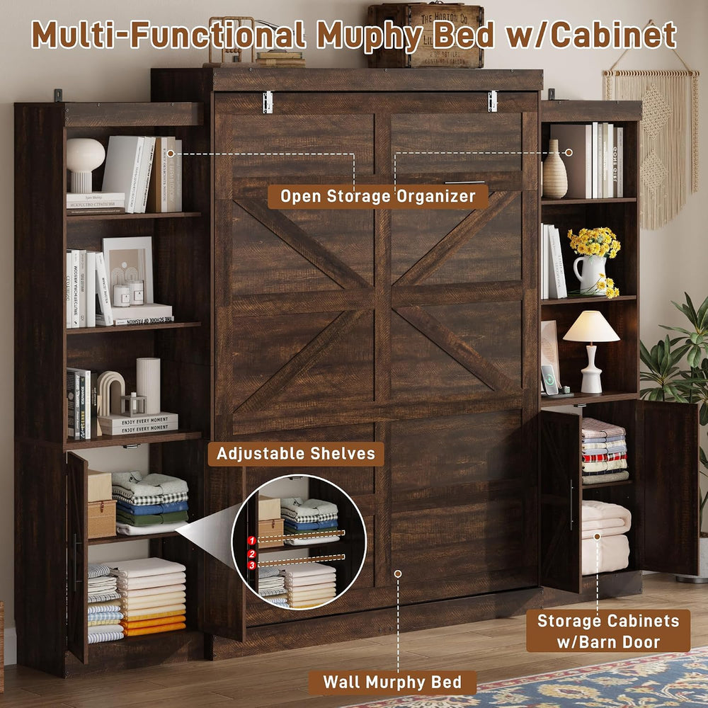 Hlivelood Queen Size Murphy Bed w/2 Storage Cabinet&2 LED Light, Farmhous...